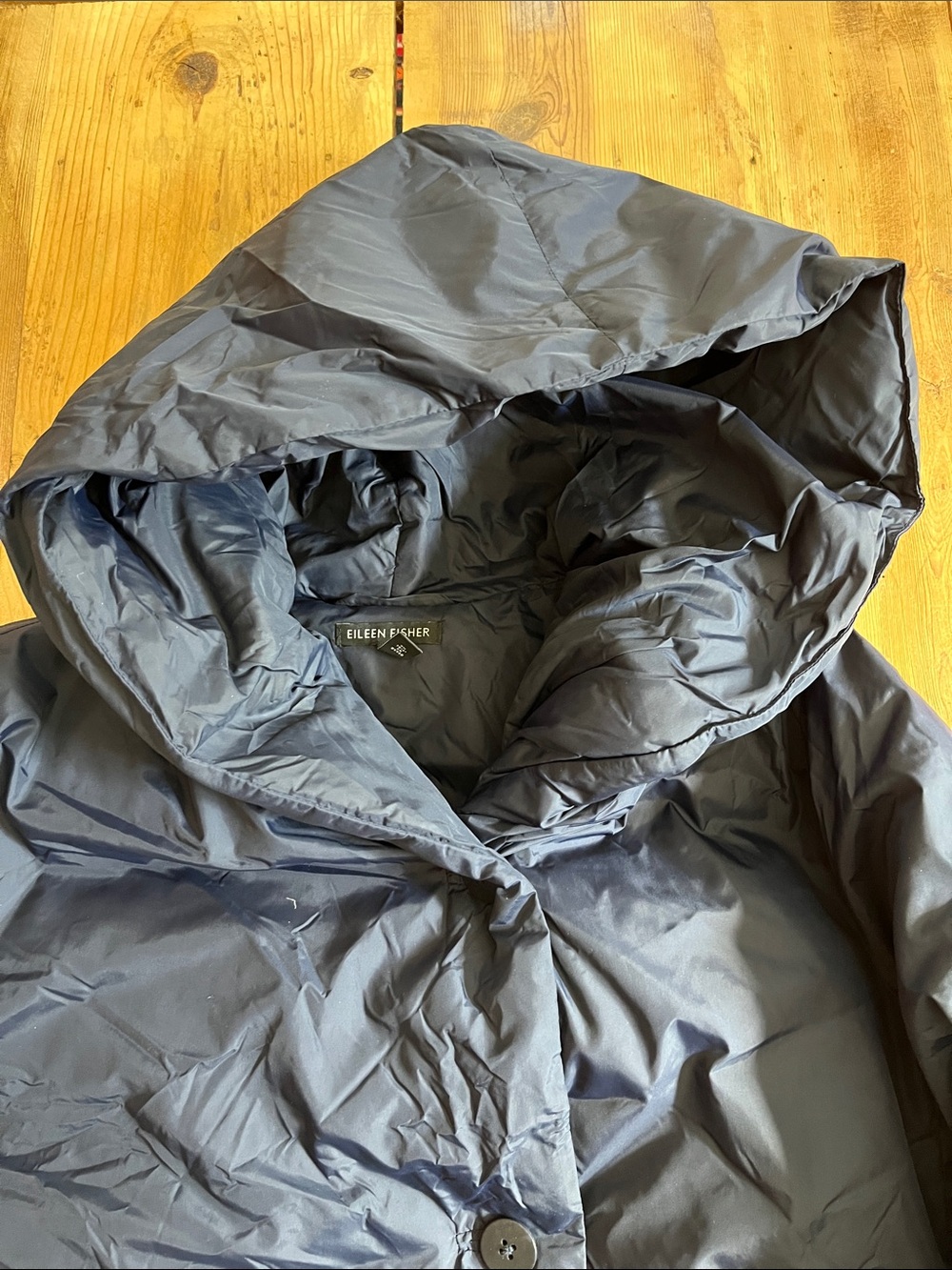 EILEEN FISHER L Blue Down Hooded Jacket Recycled Nylon Button Up Eggshell - Picture 4 of 10